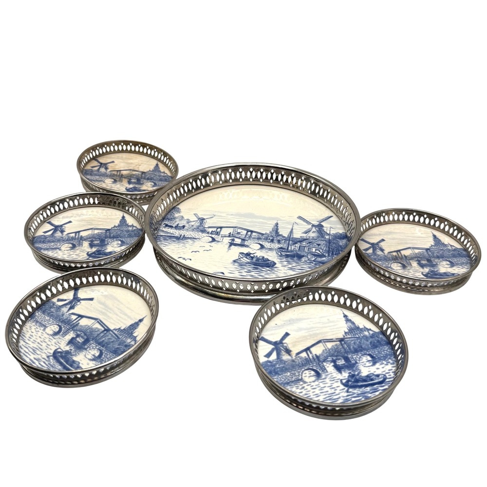 Vtg STERNAUWARE NEW YORK 6 Pc Coaster Set DELFT Blue Windmill Tray Metal Holders - Picture 11 of 11